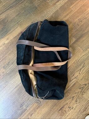 Everlane Black Suede Weekender Tote with Brown Straps